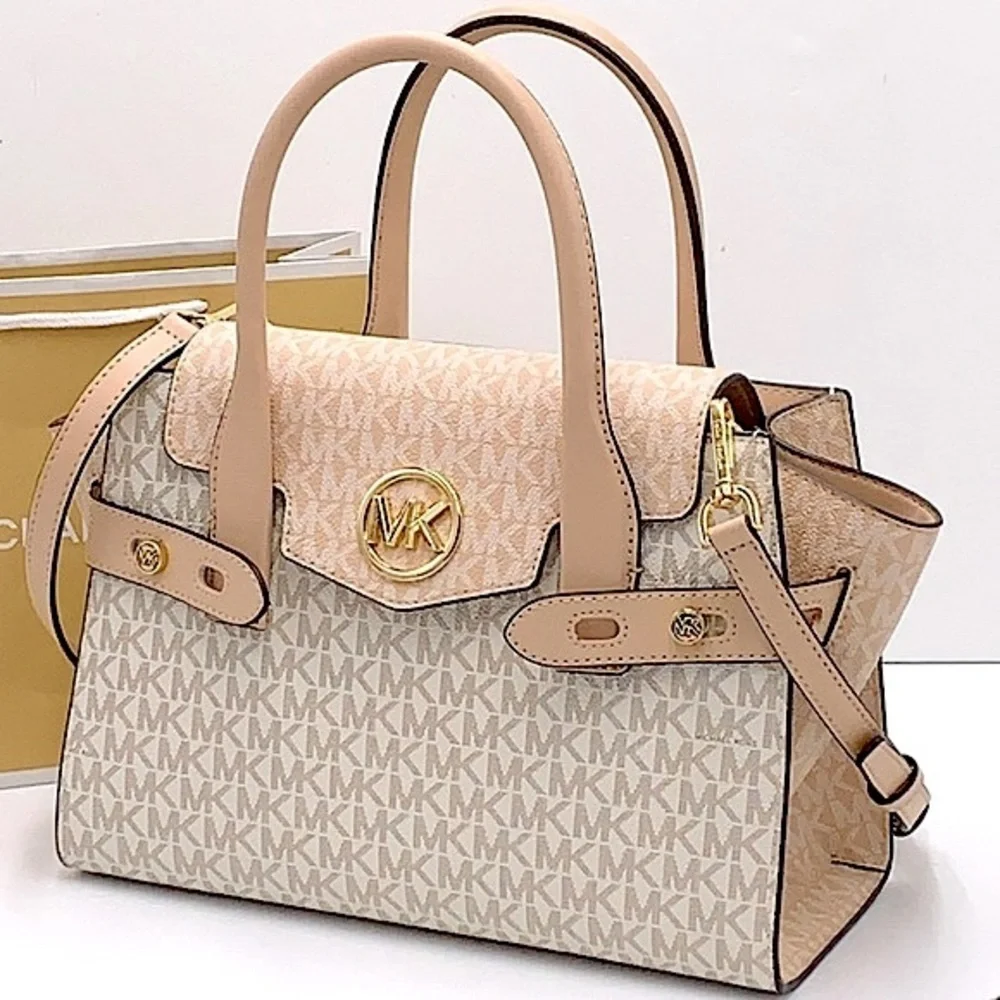 MICHAEL KORS Carmen Medium Color-Block Logo Satchel color Buff Multi